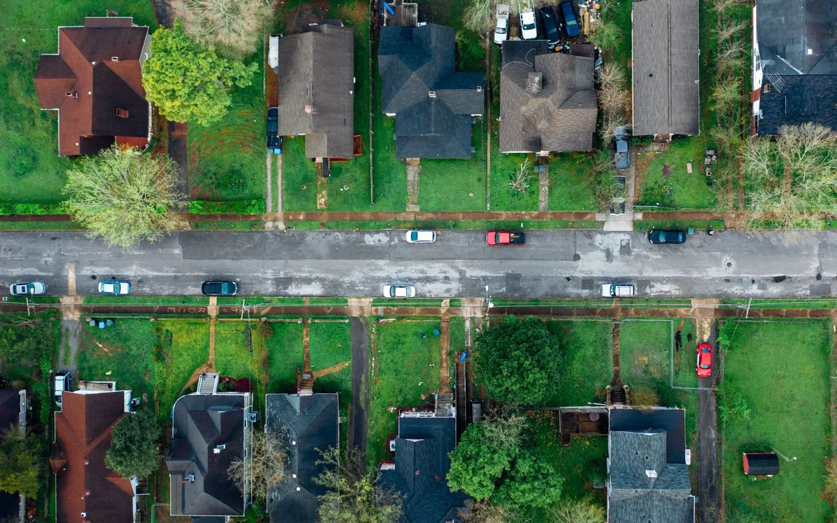 Aerial view of houses and a residential street